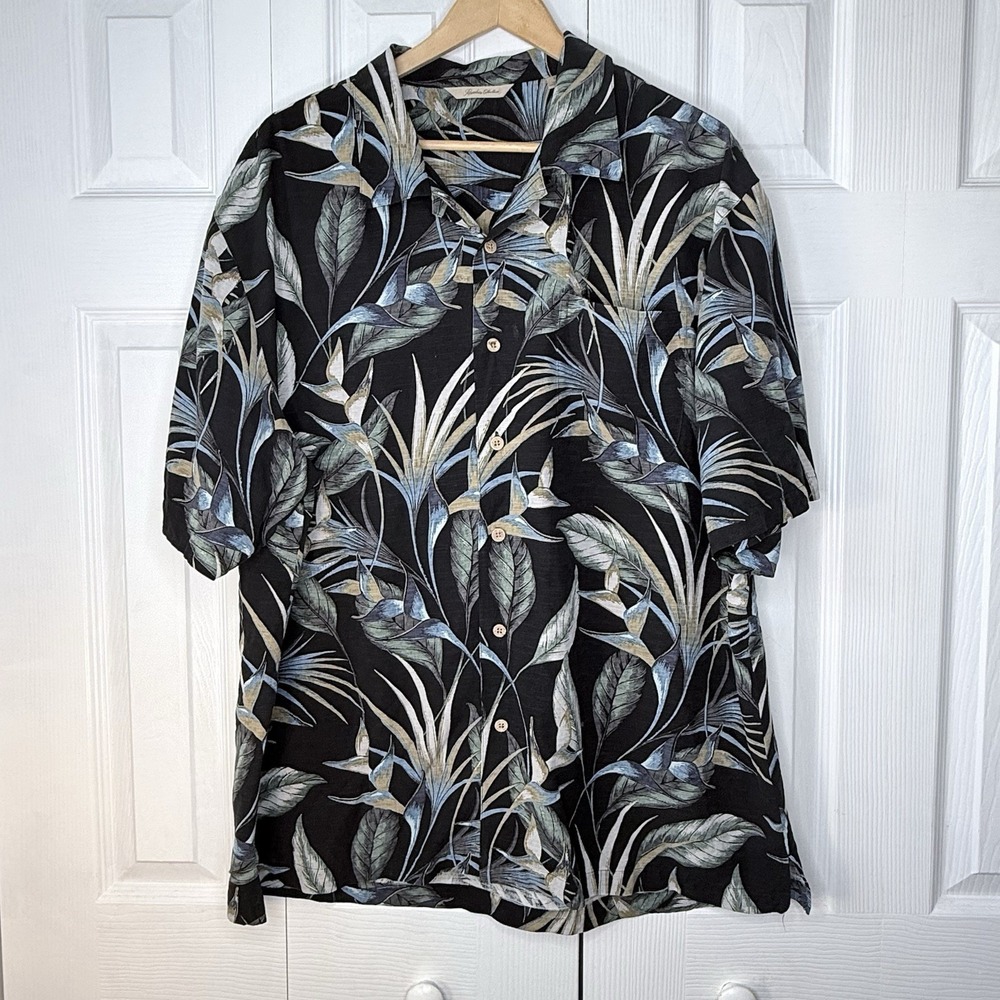 PARADISE COLLECTION‎ 100% Silk Hawaiian Shirt Mens XL Black Camp